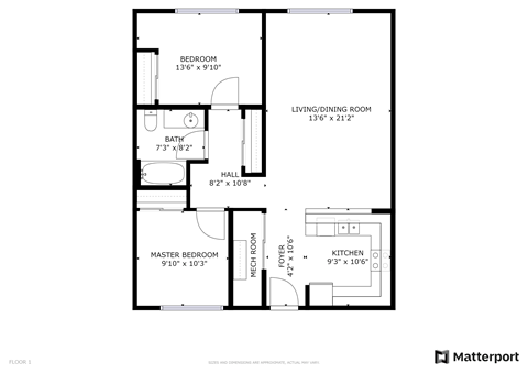 Floor plan for 2 beds, 1 bath, 896 sqft